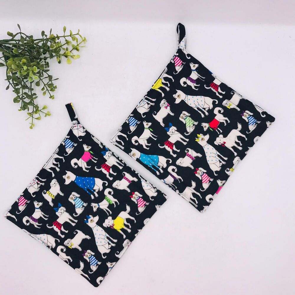 2 Square Potholders, Dog Print Cottage Core Kitchen 7x7 Inches